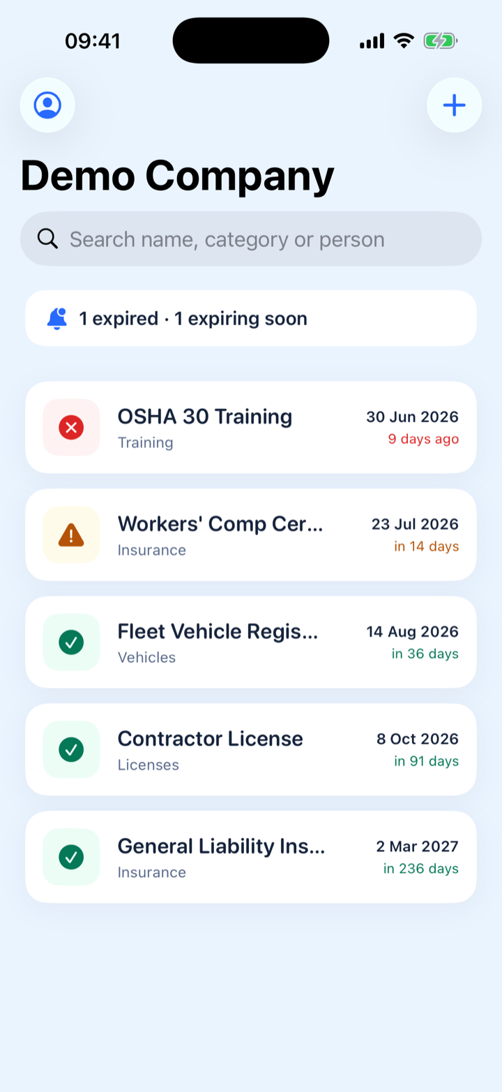 The CompliCloud app for iPhone, showing tracked documents and their expiry status